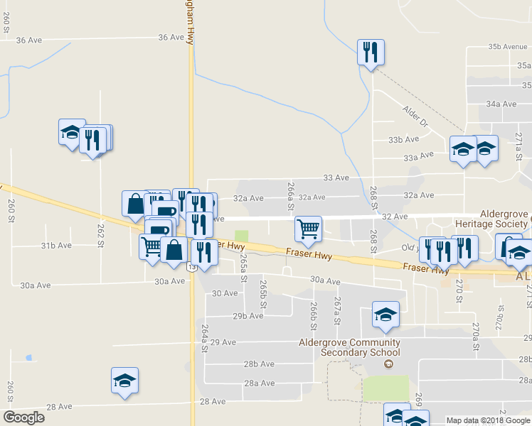 map of restaurants, bars, coffee shops, grocery stores, and more near 26549 32 Avenue in Langley Township