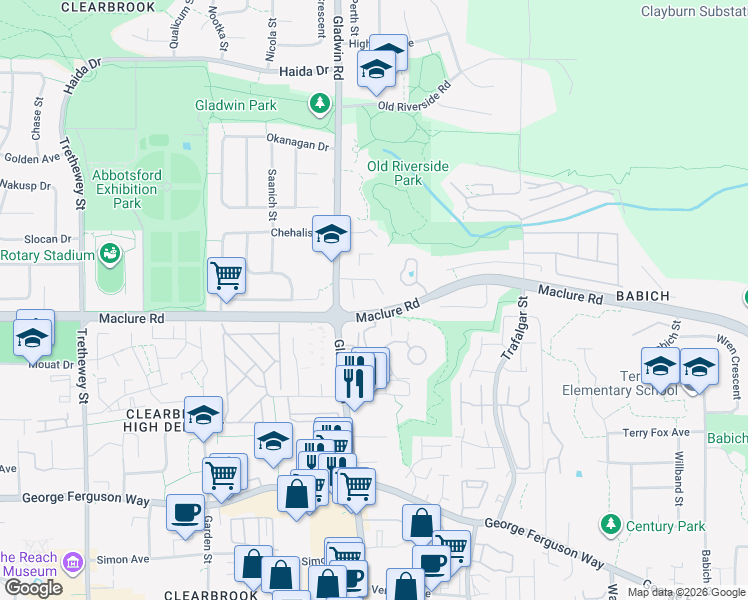 map of restaurants, bars, coffee shops, grocery stores, and more near 32864 Capilano Place in Abbotsford