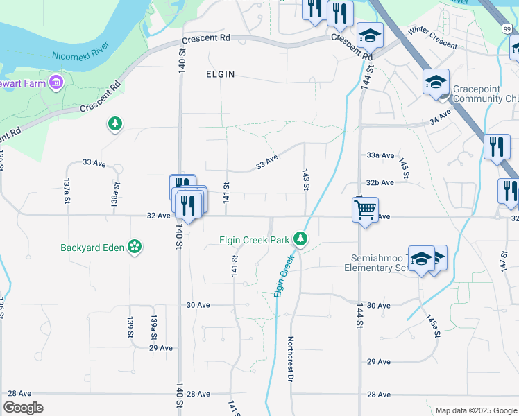 map of restaurants, bars, coffee shops, grocery stores, and more near 3225 142 Street in Surrey