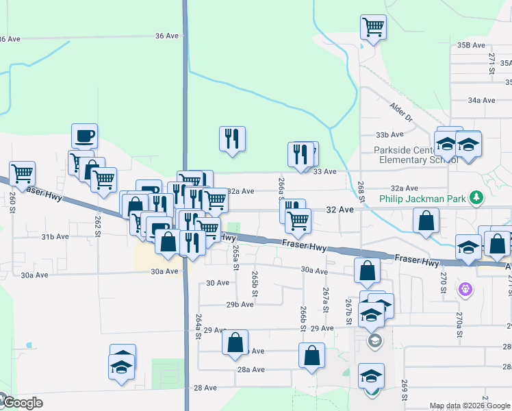 map of restaurants, bars, coffee shops, grocery stores, and more near 26549 32 Avenue in Langley Township