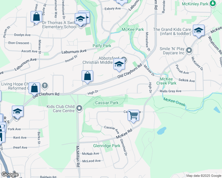 map of restaurants, bars, coffee shops, grocery stores, and more near 34968 High Drive in Abbotsford
