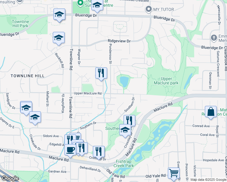 map of restaurants, bars, coffee shops, grocery stores, and more near 31445 Upper MacLure Road in Abbotsford