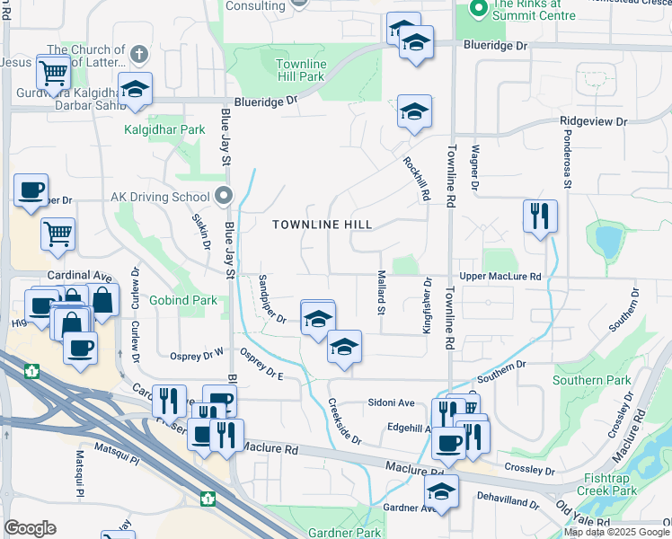 map of restaurants, bars, coffee shops, grocery stores, and more near 3214 Firhill Drive in Abbotsford