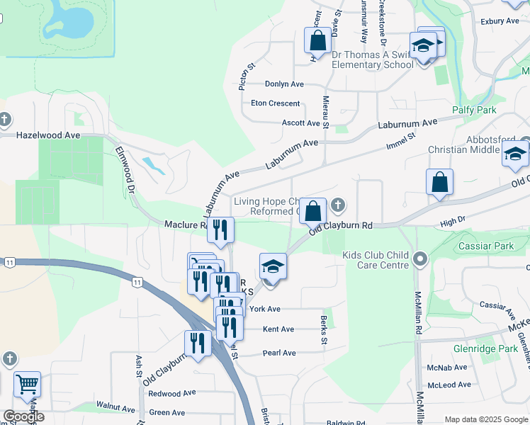 map of restaurants, bars, coffee shops, grocery stores, and more near 34463 Lariat Place in Abbotsford