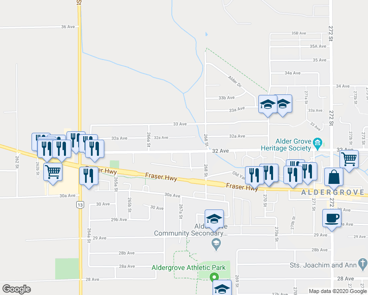 map of restaurants, bars, coffee shops, grocery stores, and more near 26733 32 Avenue in Langley Township