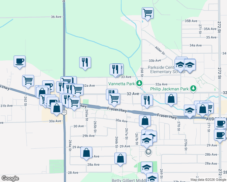 map of restaurants, bars, coffee shops, grocery stores, and more near in Langley Township