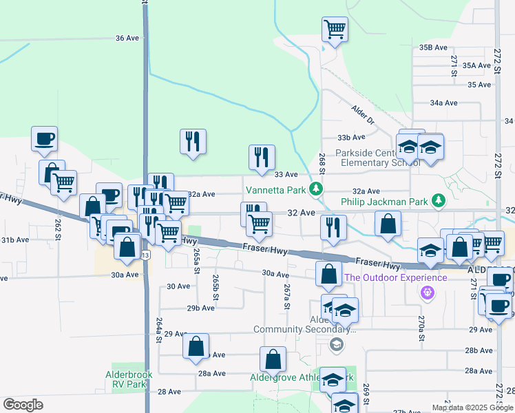 map of restaurants, bars, coffee shops, grocery stores, and more near 26655 32 Avenue in Langley Township