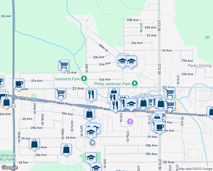 map of restaurants, bars, coffee shops, grocery stores, and more near 26897 32 Avenue in Langley Township