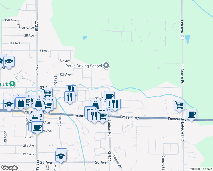 map of restaurants, bars, coffee shops, grocery stores, and more near 27581 32 Avenue in Langley Township