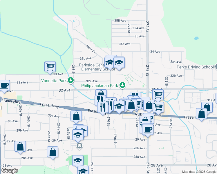 map of restaurants, bars, coffee shops, grocery stores, and more near in Langley Township