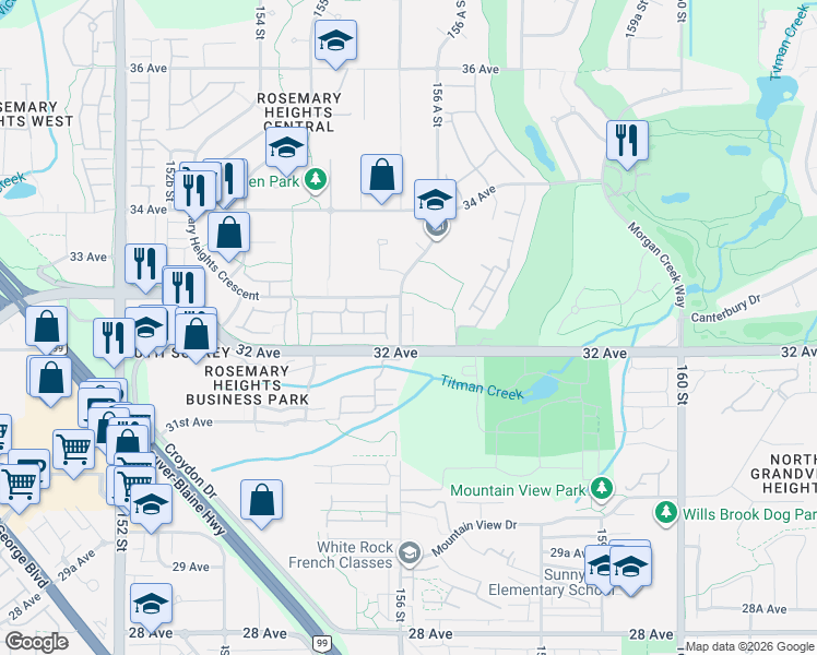 map of restaurants, bars, coffee shops, grocery stores, and more near in Surrey