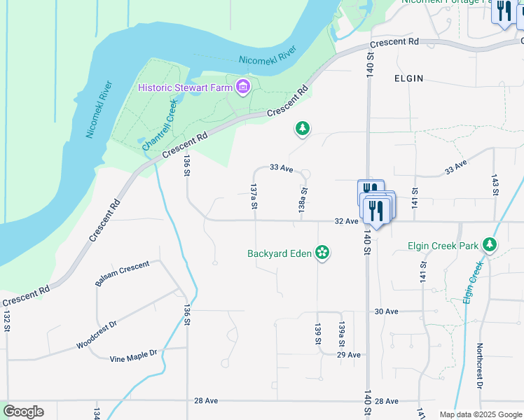 map of restaurants, bars, coffee shops, grocery stores, and more near 3222 137A Street in Surrey