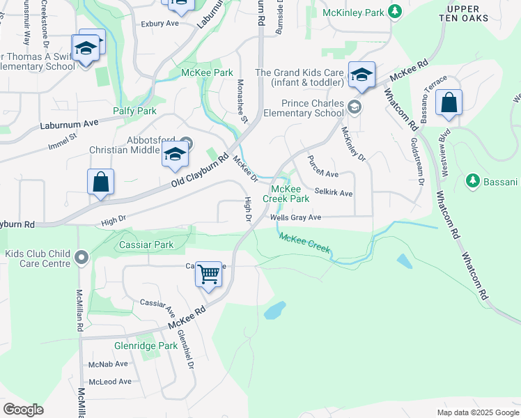 map of restaurants, bars, coffee shops, grocery stores, and more near 35215 McKee Road in Abbotsford