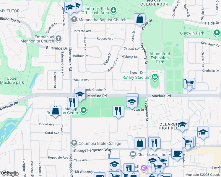 map of restaurants, bars, coffee shops, grocery stores, and more near 3237 Atwater Crescent in Abbotsford