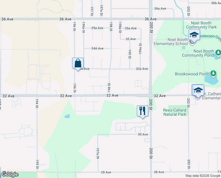 map of restaurants, bars, coffee shops, grocery stores, and more near 3228 198 Street in Langley