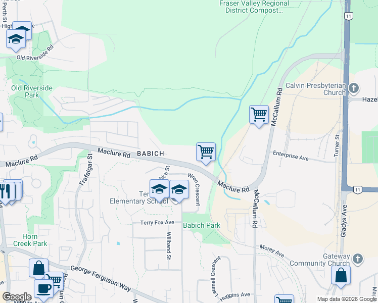 map of restaurants, bars, coffee shops, grocery stores, and more near 33391 Maclure Road in Abbotsford