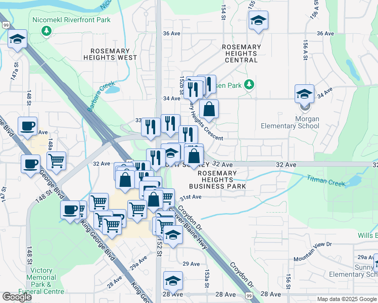 map of restaurants, bars, coffee shops, grocery stores, and more near 15252 32 Avenue in Surrey
