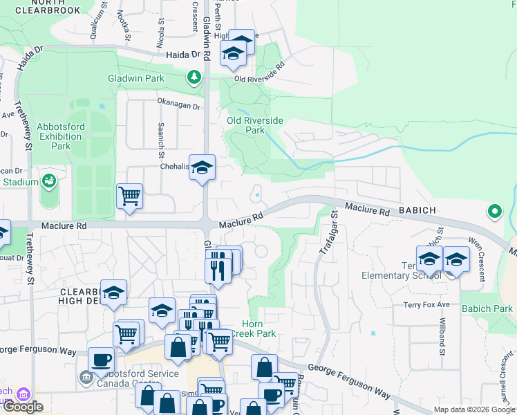map of restaurants, bars, coffee shops, grocery stores, and more near 32925 Maclure Road in Abbotsford