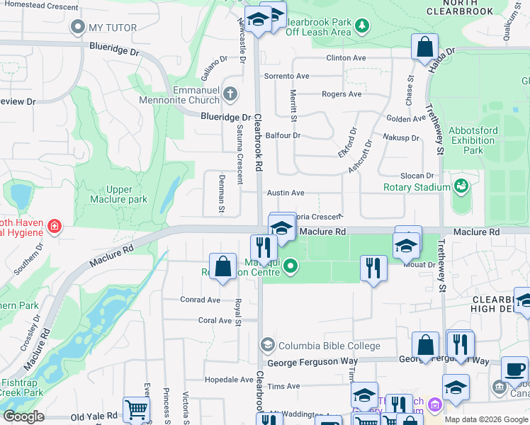 map of restaurants, bars, coffee shops, grocery stores, and more near in Abbotsford