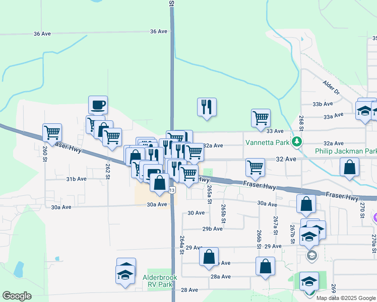 map of restaurants, bars, coffee shops, grocery stores, and more near 26446 32A Avenue in Langley Township