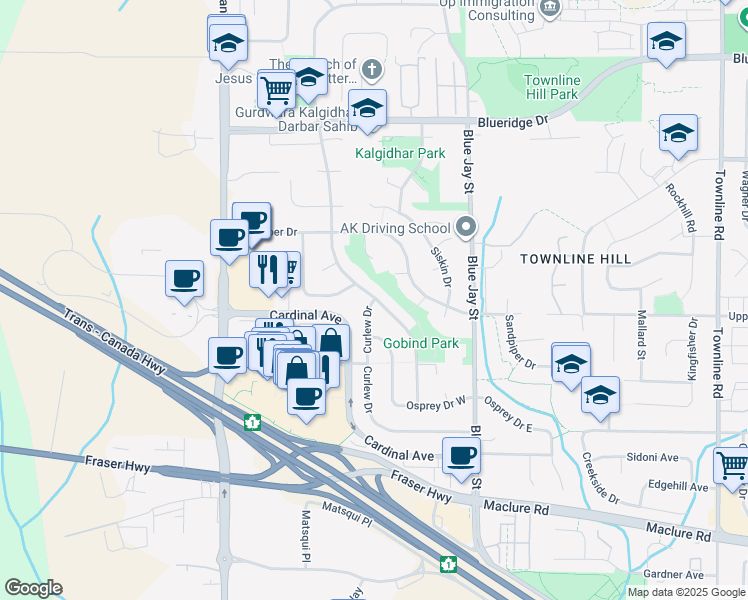 map of restaurants, bars, coffee shops, grocery stores, and more near 3209 Curlew Dr in Abbotsford
