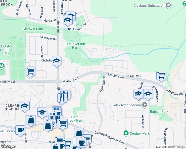 map of restaurants, bars, coffee shops, grocery stores, and more near 2 Maclure Road in Abbotsford