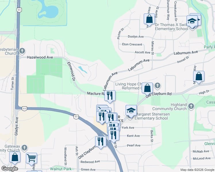 map of restaurants, bars, coffee shops, grocery stores, and more near 34348 Laburnum Avenue in Abbotsford