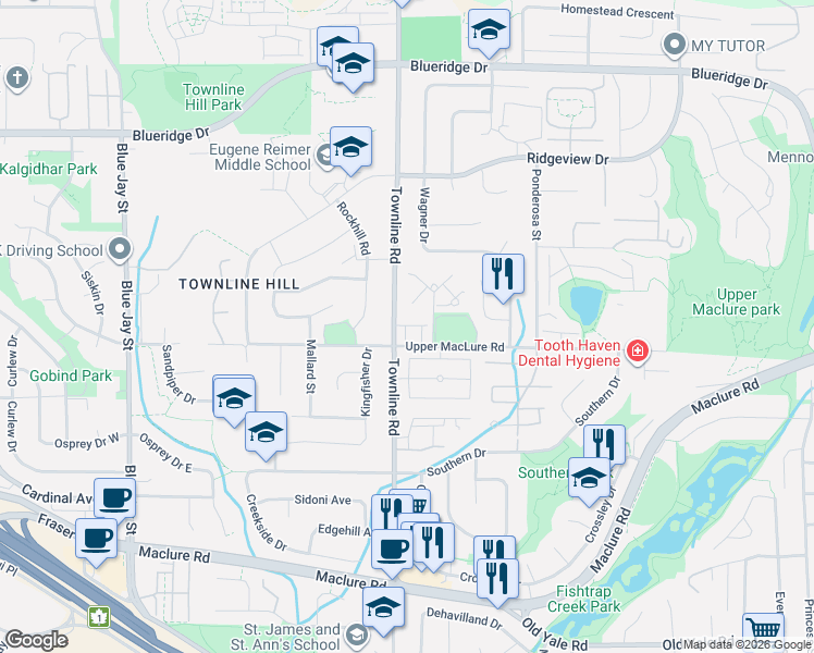 map of restaurants, bars, coffee shops, grocery stores, and more near 31235 Upper MacLure Road in Abbotsford