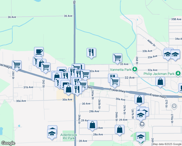 map of restaurants, bars, coffee shops, grocery stores, and more near 26500 32A Avenue in Langley Township