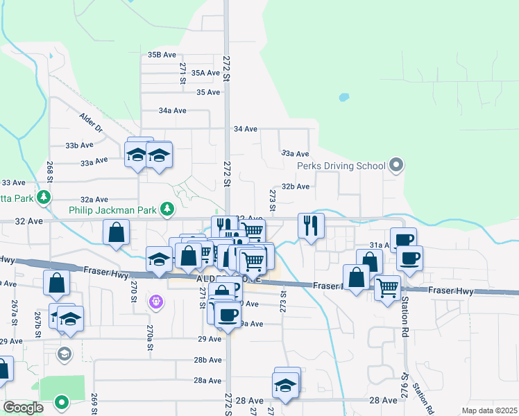 map of restaurants, bars, coffee shops, grocery stores, and more near 3224 272B Street in Langley Township
