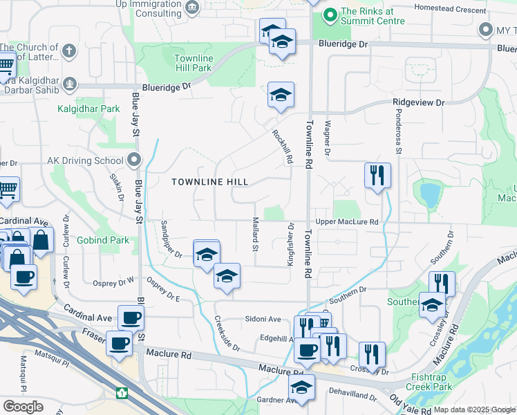 map of restaurants, bars, coffee shops, grocery stores, and more near 3236 Mallard Street in Abbotsford