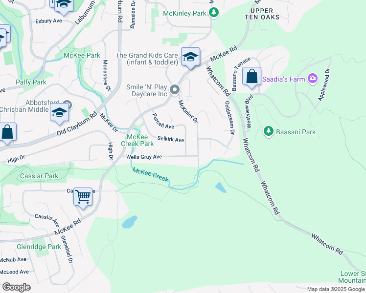 map of restaurants, bars, coffee shops, grocery stores, and more near 3253 Purcell Avenue in Abbotsford