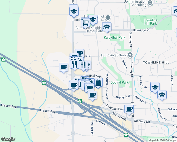 map of restaurants, bars, coffee shops, grocery stores, and more near 150 Cardinal Avenue in Abbotsford