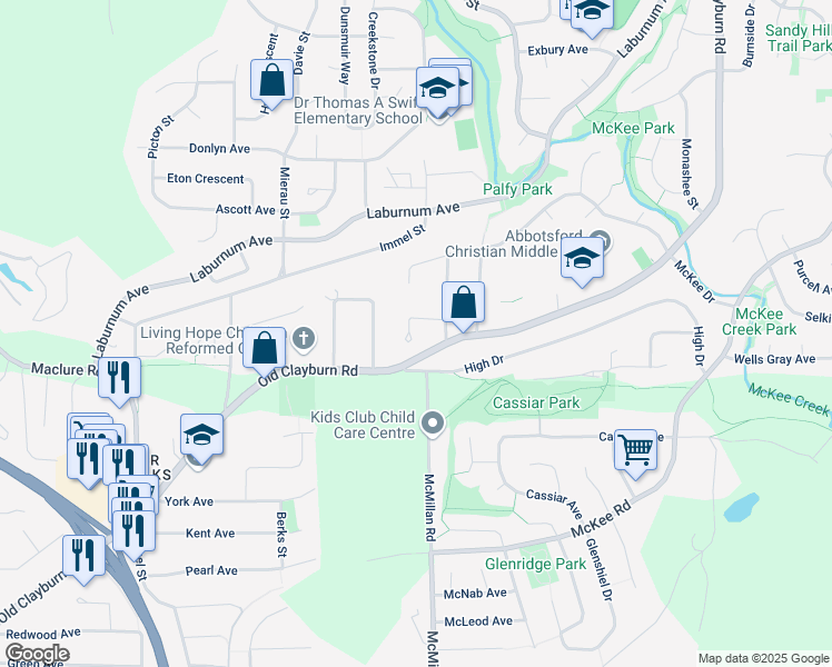 map of restaurants, bars, coffee shops, grocery stores, and more near 34716 Arden Drive in Abbotsford