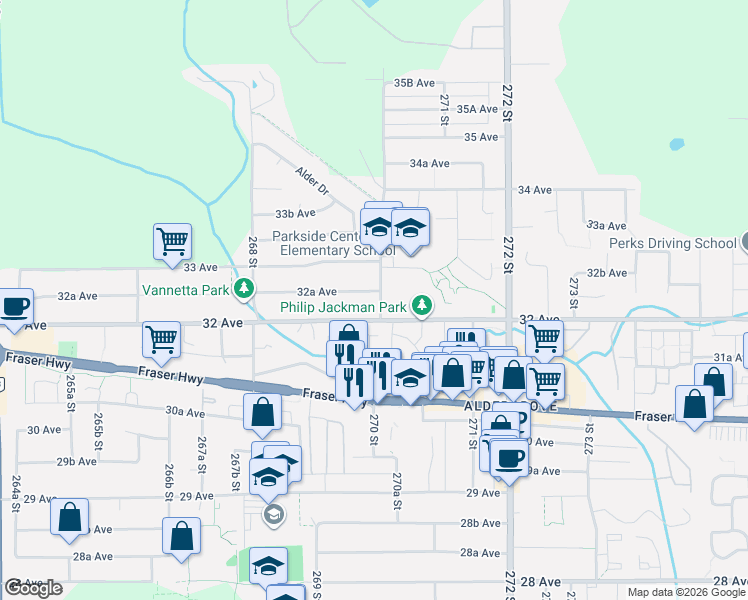 map of restaurants, bars, coffee shops, grocery stores, and more near 26970 32A Avenue in Langley