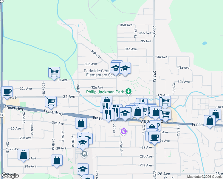 map of restaurants, bars, coffee shops, grocery stores, and more near 26970 32A Avenue in Langley Township
