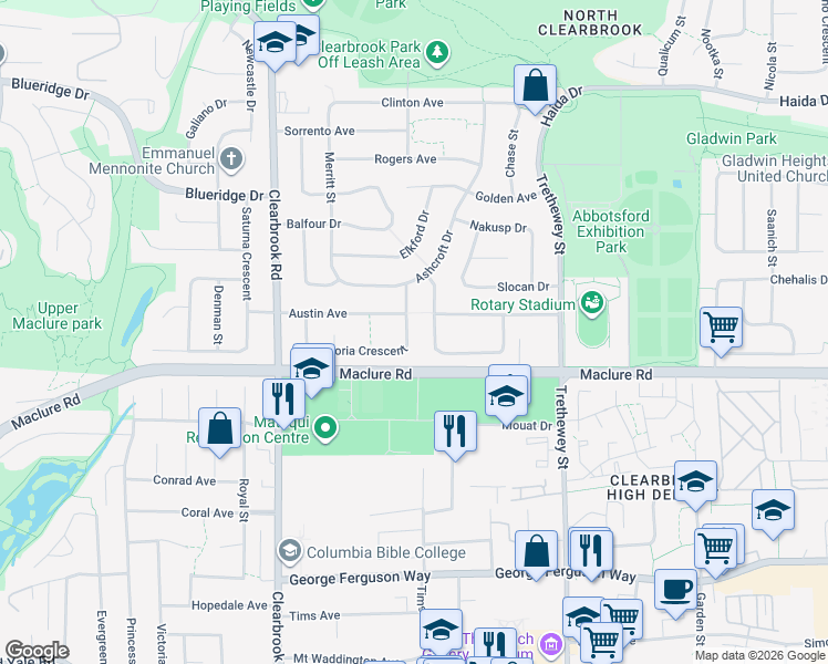 map of restaurants, bars, coffee shops, grocery stores, and more near 3254 Astoria Crescent in Abbotsford