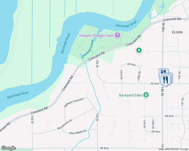 map of restaurants, bars, coffee shops, grocery stores, and more near 3249 136 Street in Surrey