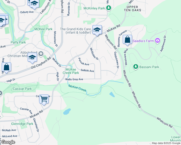 map of restaurants, bars, coffee shops, grocery stores, and more near 35396 Selkirk Avenue in Abbotsford