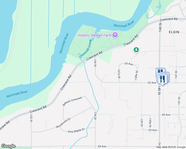 map of restaurants, bars, coffee shops, grocery stores, and more near 3249 136 Street in Surrey