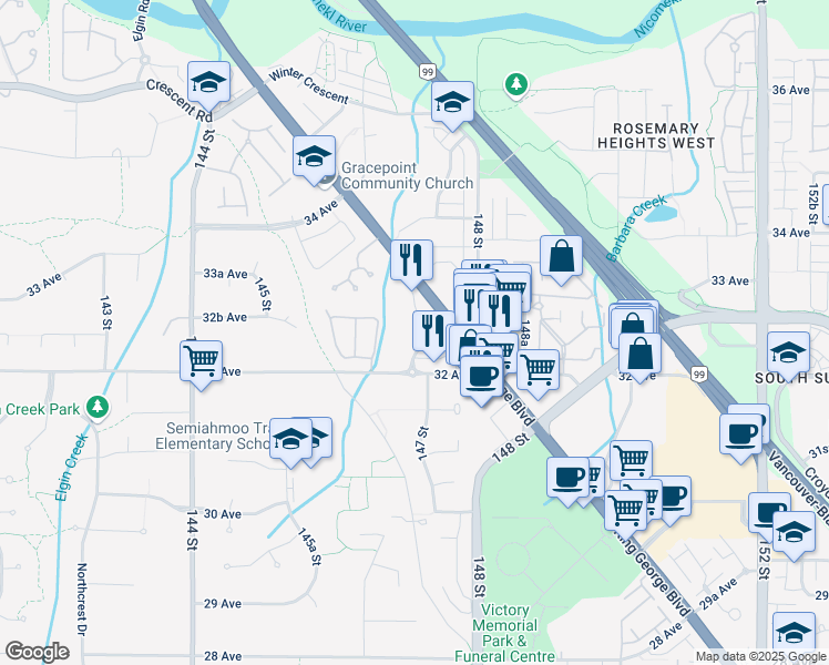 map of restaurants, bars, coffee shops, grocery stores, and more near 3263 147 Street in Surrey