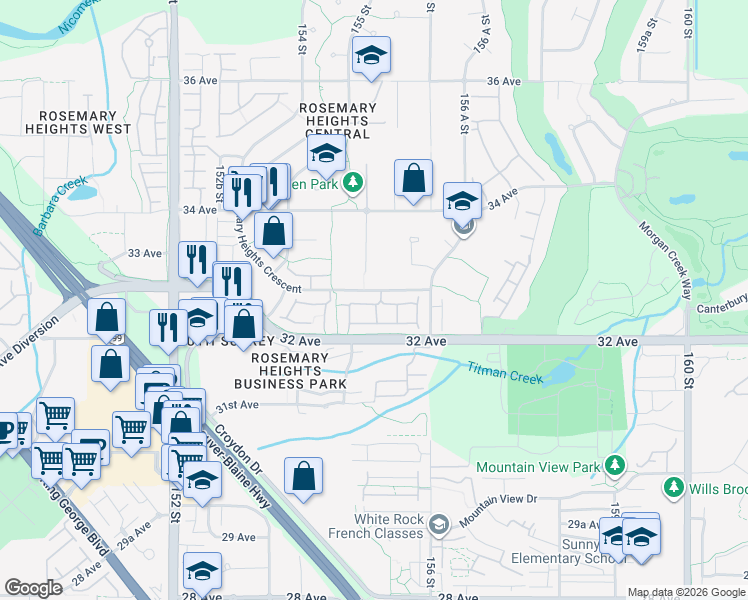 map of restaurants, bars, coffee shops, grocery stores, and more near 15500 Rosemary Heights Crescent in Surrey