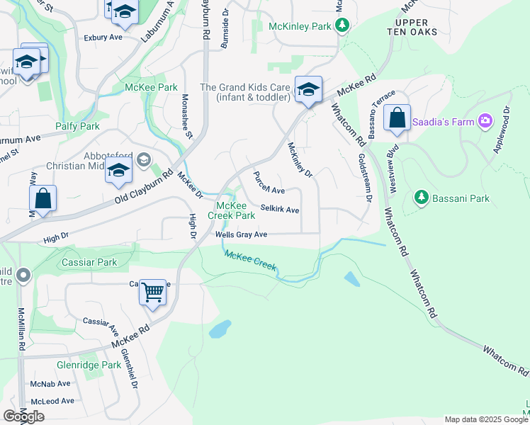 map of restaurants, bars, coffee shops, grocery stores, and more near 35340 Selkirk Avenue in Abbotsford
