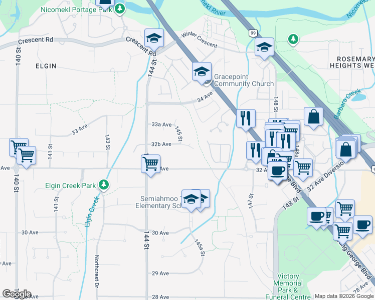 map of restaurants, bars, coffee shops, grocery stores, and more near 14526 32B Avenue in Surrey