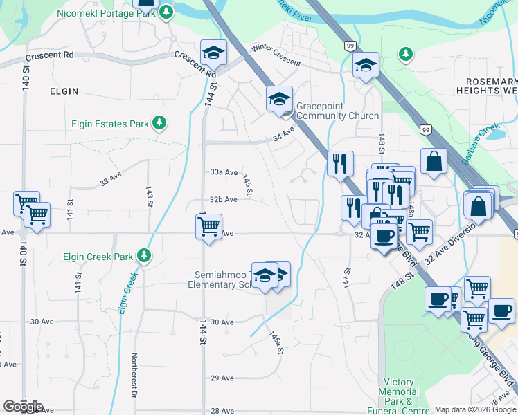 map of restaurants, bars, coffee shops, grocery stores, and more near 14526 32B Avenue in Surrey