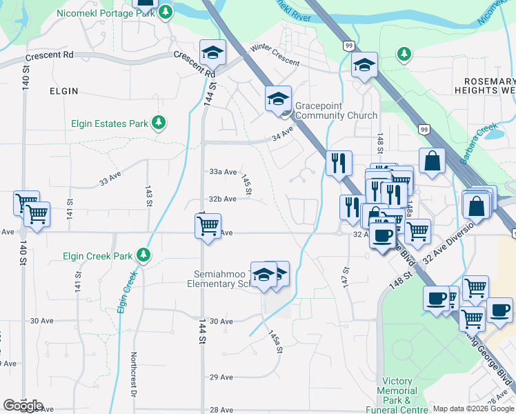 map of restaurants, bars, coffee shops, grocery stores, and more near 14526 32B Avenue in Surrey