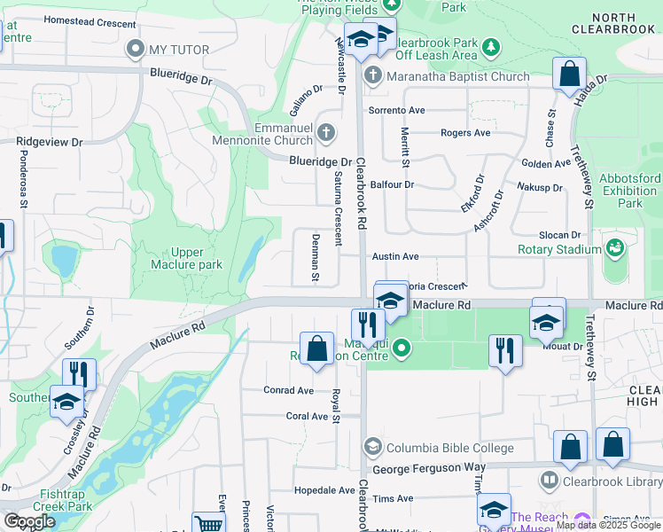 map of restaurants, bars, coffee shops, grocery stores, and more near 3265 Saturna Crescent in Abbotsford