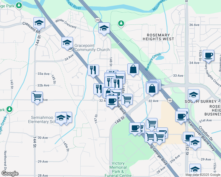 map of restaurants, bars, coffee shops, grocery stores, and more near in Surrey