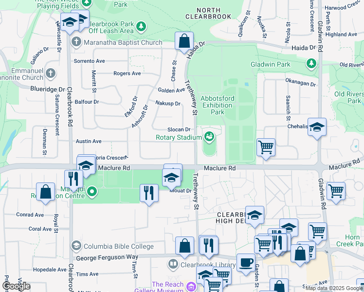 map of restaurants, bars, coffee shops, grocery stores, and more near 32362 Adair Avenue in Abbotsford