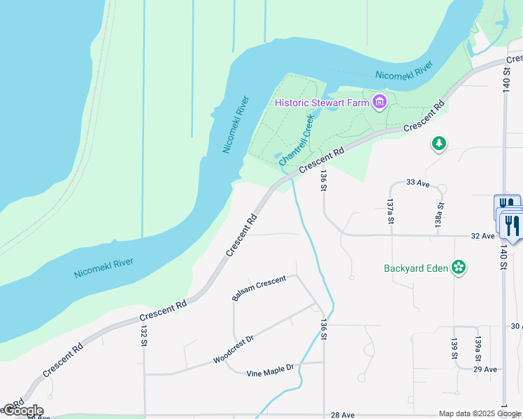 map of restaurants, bars, coffee shops, grocery stores, and more near 13428 Crescent Road in Surrey